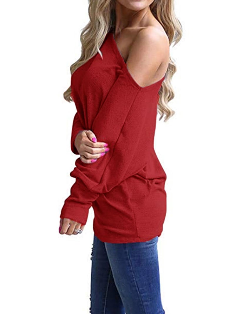 Poetsky Women's Casual Off The Shoulder Tops Loose Batwing Sleeve Tunics Blouse, Dark Red, L - Image 2